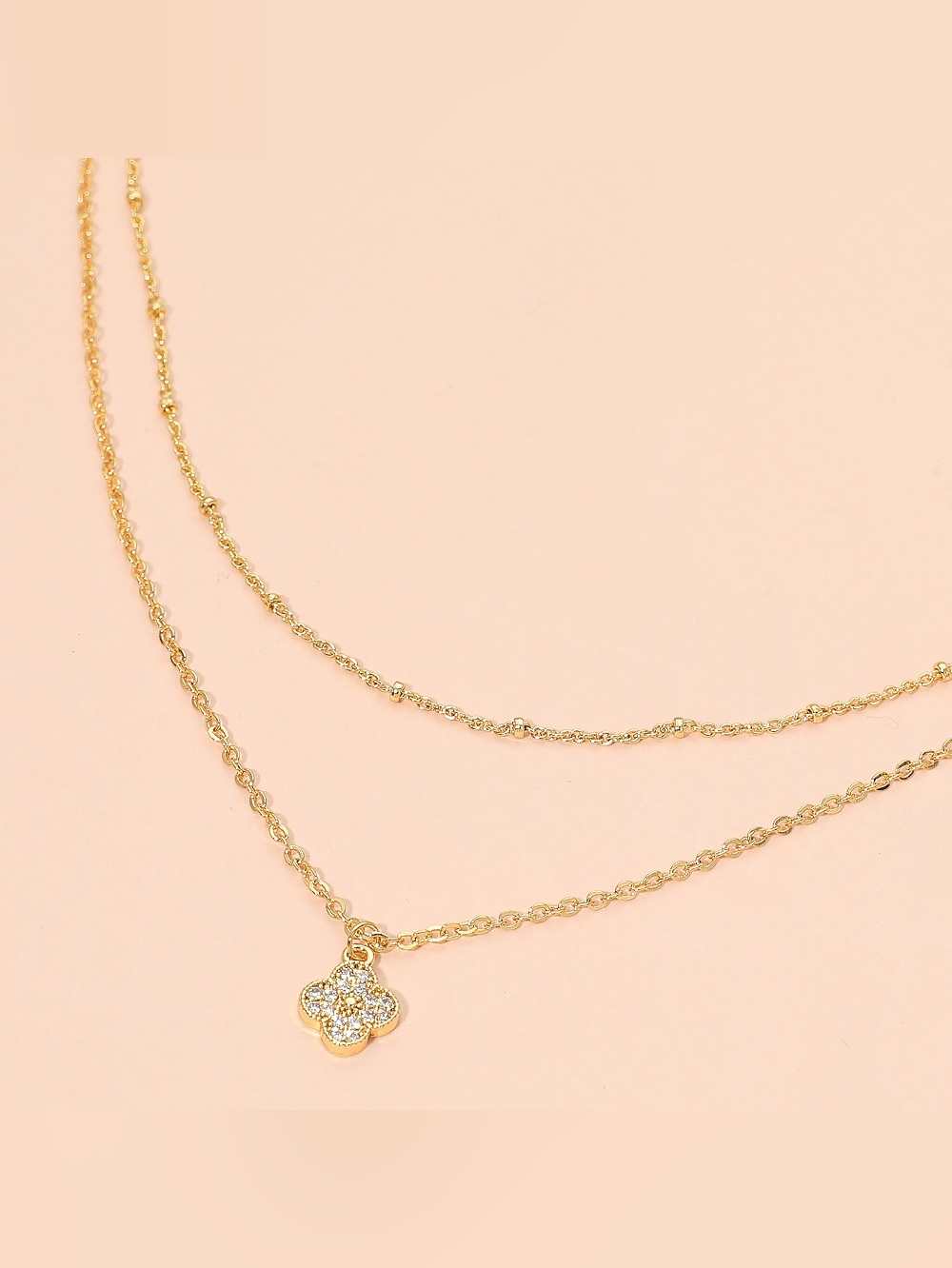 18K Gold Dipped Dainty Rhinestone Pave Quatrefoil Pendant Layered Chain Necklace